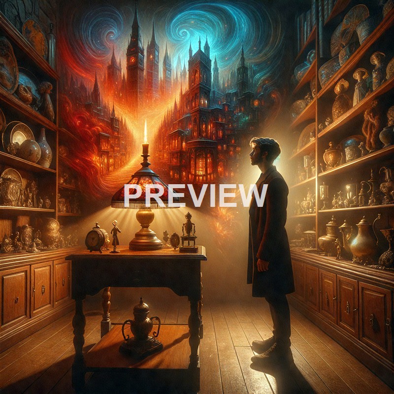A person standing in a room filled with antique artifacts, looking towards a vibrant, swirling cityscape with towering, gothic-style buildings and a fiery sky, creating a surreal and fantastical atmosphere.